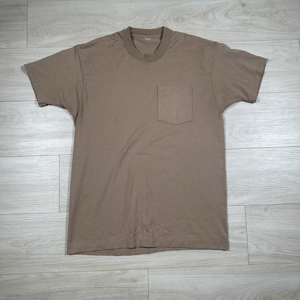 Vintage 80s Brown Blank Faded Distressed Pocket T Shirt Size Large Selvedge USA